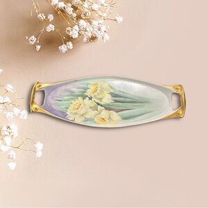 Rosenthal Antique Hand Painted Floral Art Gold Ceramic Tray Daffodil Flowers